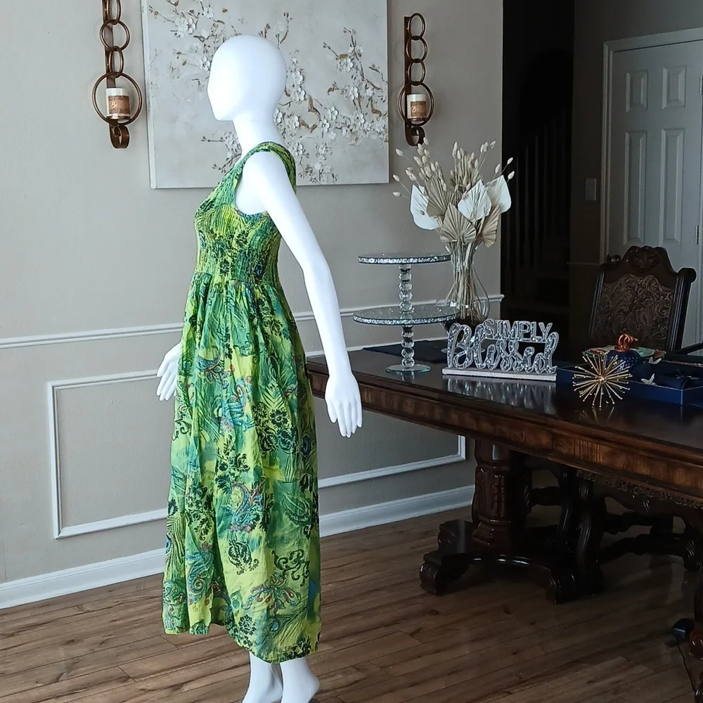 Women's Green Tropical Print Sleeveless Cotton Summer Dress By Hanna Small
